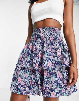 Vila shirred waist frill skirt in navy floral