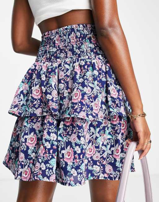 Vila shirred waist frill skirt in navy floral, 2 of 4