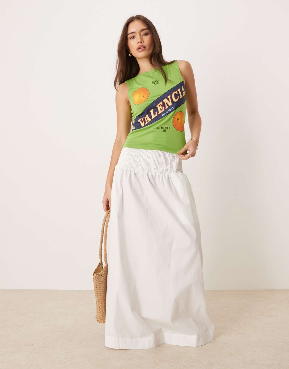Vila shirred waistband poplin boho skirt in cream