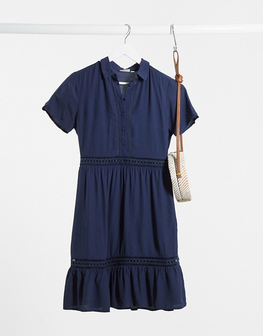 Vila shirt mini dress with tiered skirt and lace inserts in navy