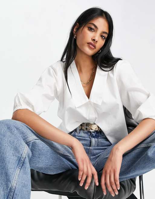 Deep V-Neck Collared Shirt in White - Retro, Indie and Unique Fashion