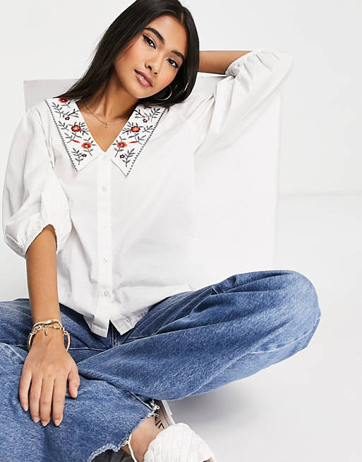  Shirts & Blouses/Vila shirt with oversized embroidered collar in white 