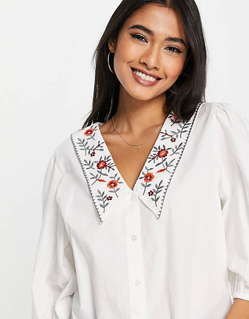 Women Shirts & Blouses/Vila shirt with oversized embroidered collar in white 