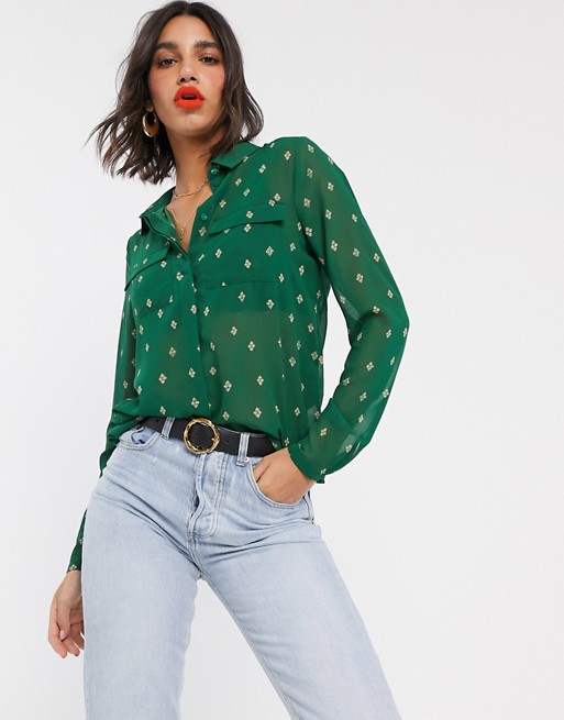 Vila shirt with pocket detail in green abstract print