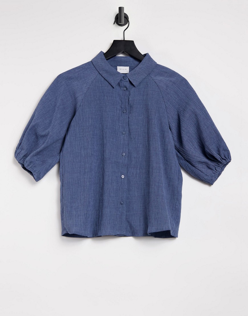 Vila shirt with short puff sleeves in blue-Orange