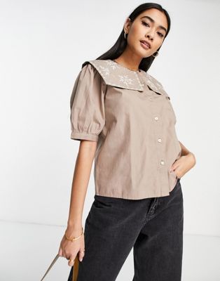 Vila shirt with tabbard embroidered collar in beige - ASOS Price Checker