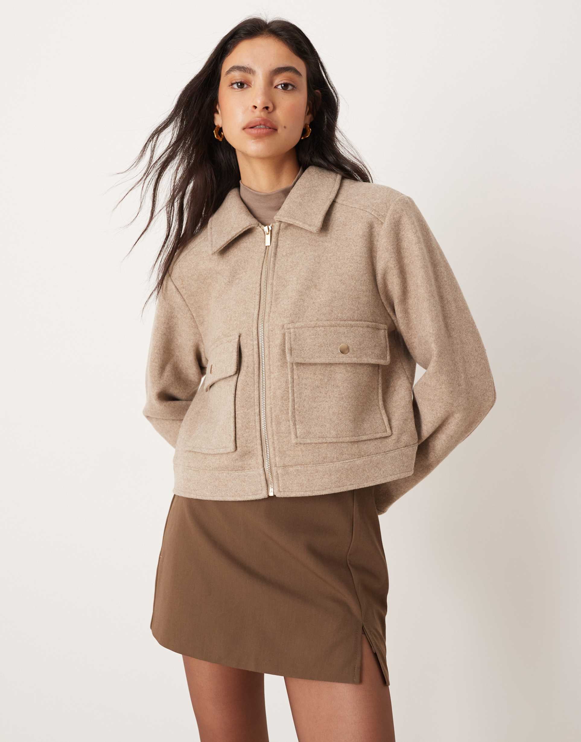 vila short faux wool jacket with exaggerated pockets in light brown