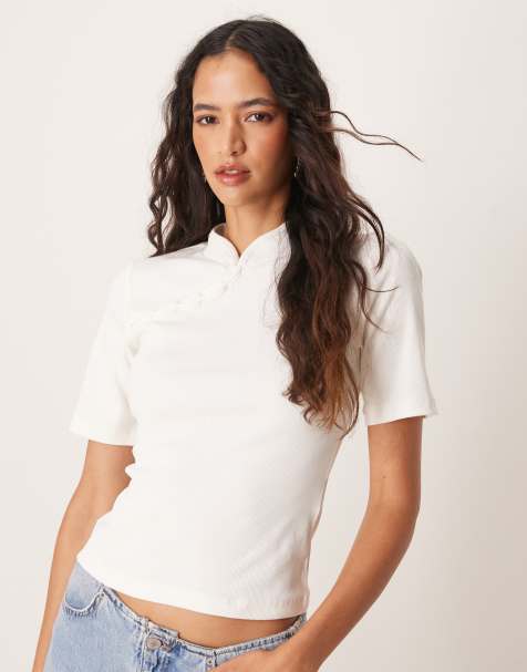 VILA short sleeve asymmetric button detail neckline top in cream - view 1