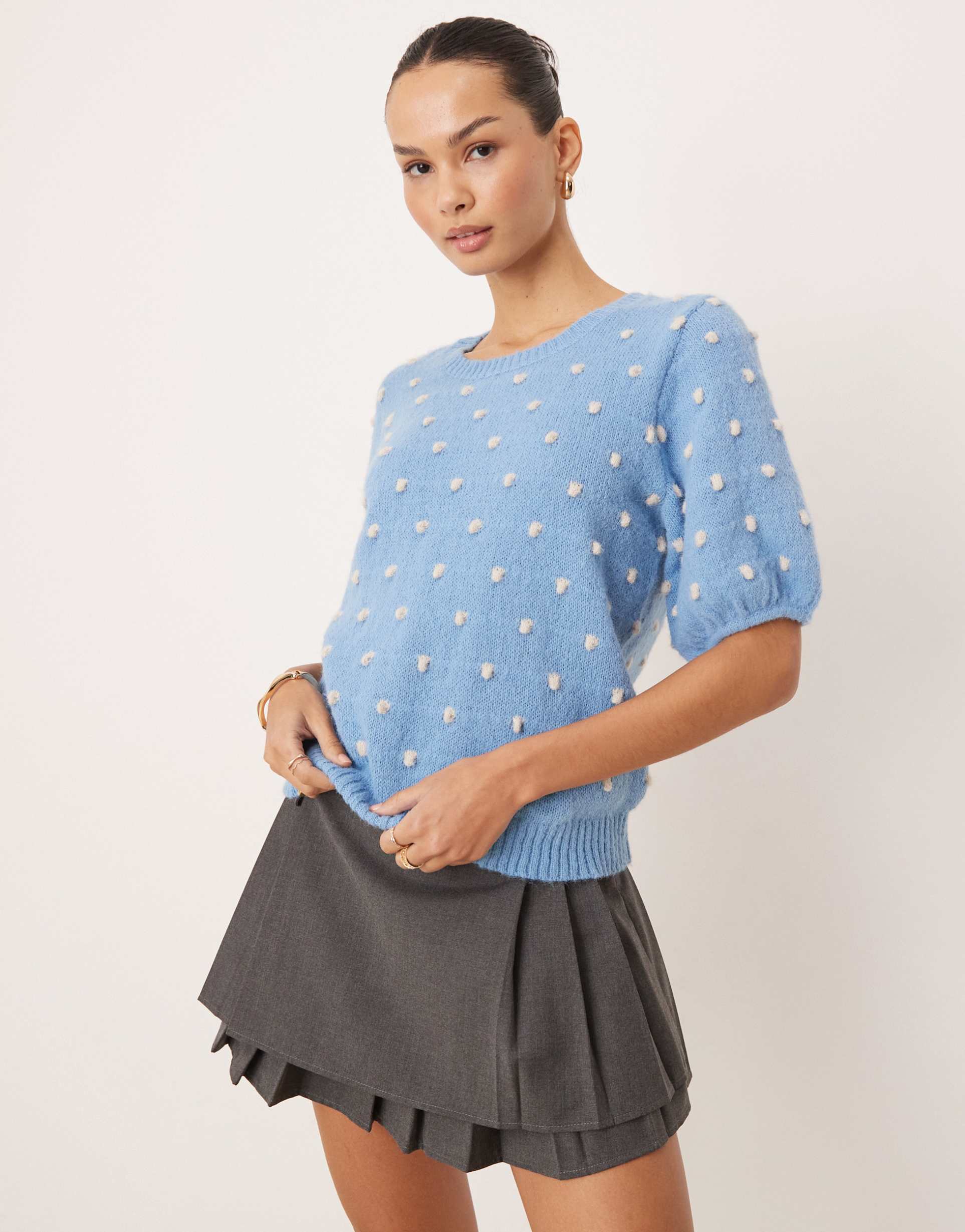 vila short sleeve bobble texture knit top in blissful blue