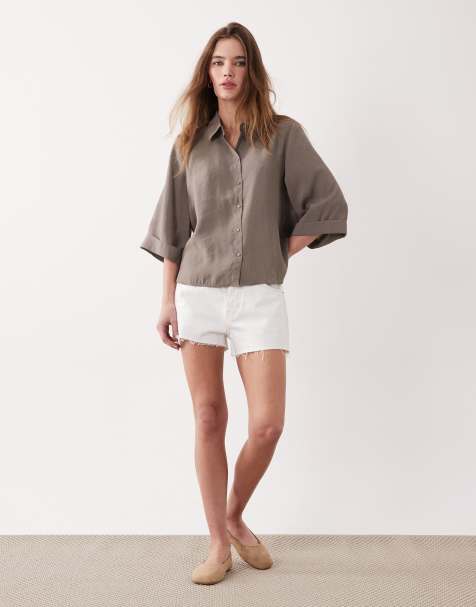 Vila short sleeve boxy cupro shirt in light brown - view 1