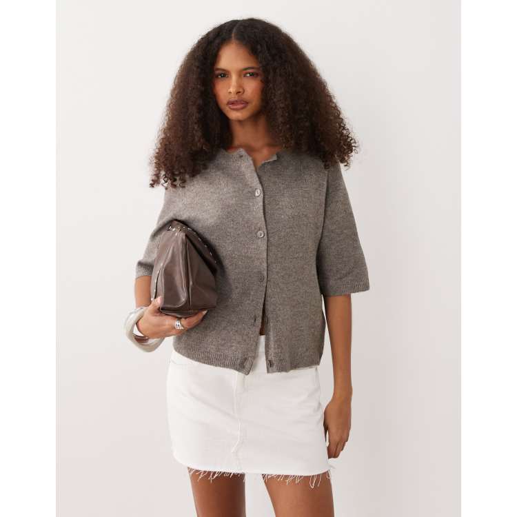 VILA short sleeve knit cardigan in falcon melange | ASOS