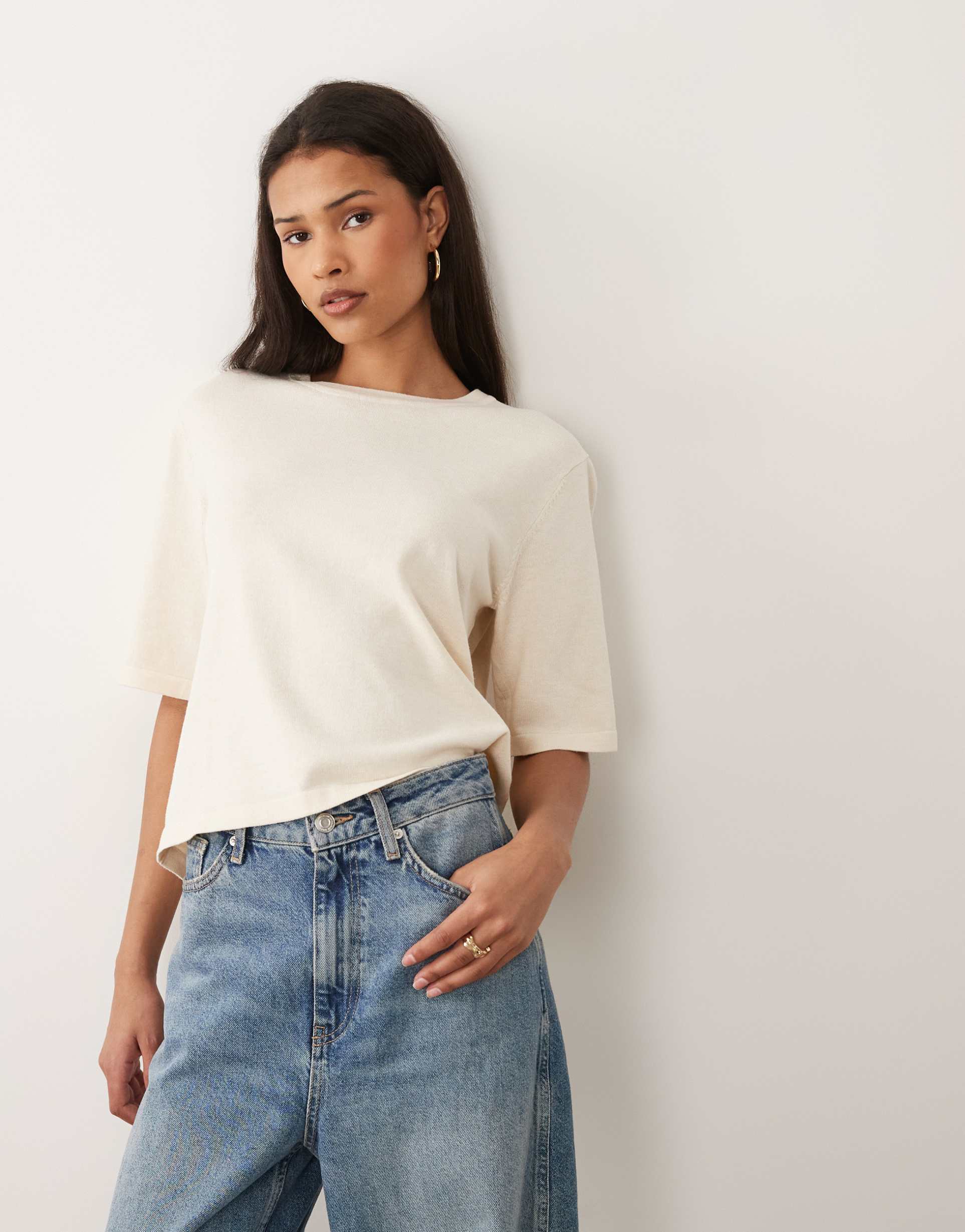 vila short sleeve knit t-shirt in heathered sandshell