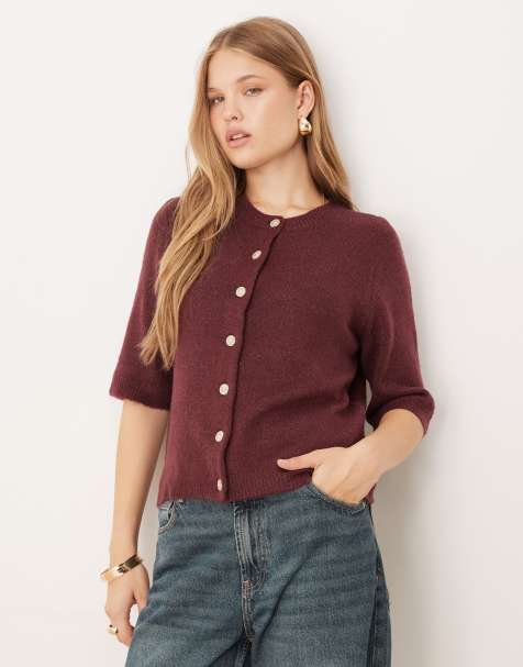 Vila short sleeve knitted cardigan in burgundy melange - view 1