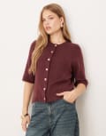 [Vila] VILA short sleeve knitted cardigan in burgundy melange-Red S Fig Melange