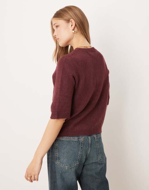 VILA short sleeve knitted cardigan in burgundy melange, 4 of 4
