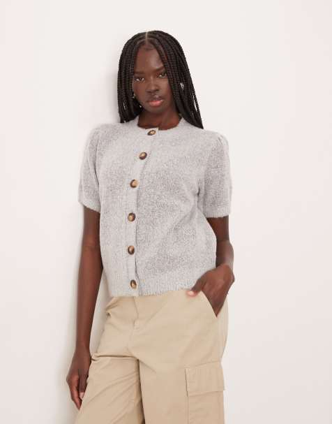 VILA short sleeve knitted cardigan in medium gray melange - view 1
