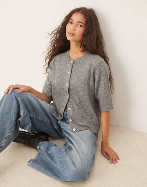 Vila short sleeve knitted cardigan in medium grey melange - view 1