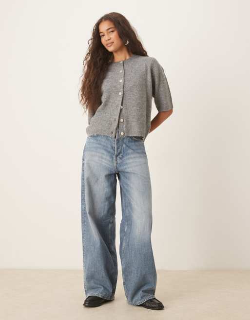 Vila short sleeve knitted cardigan in medium grey melange, 2 of 4