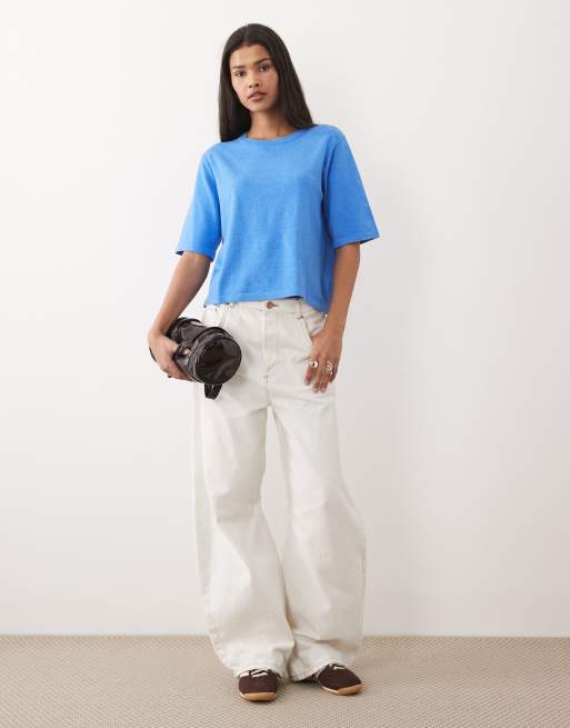 VILA short sleeve knitted t-shirt in blue melange, 2 of 4