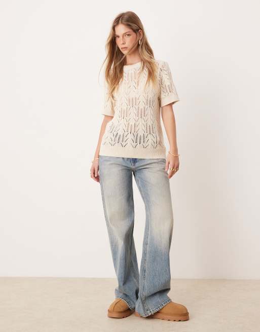Vila short sleeve open knitted t-shirt in birch cream | ASOS