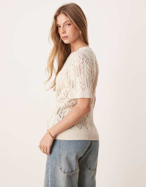 Vila short sleeve open knitted t-shirt in birch cream | ASOS