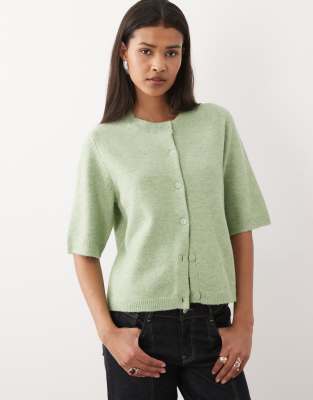 Vila Short Sleeve Soft Knit Cardigan In Green