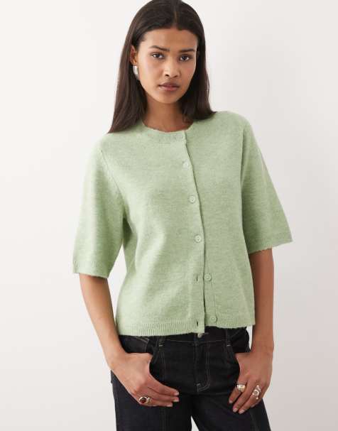 VILA short sleeve soft knit cardigan in heathered apple green - view 1