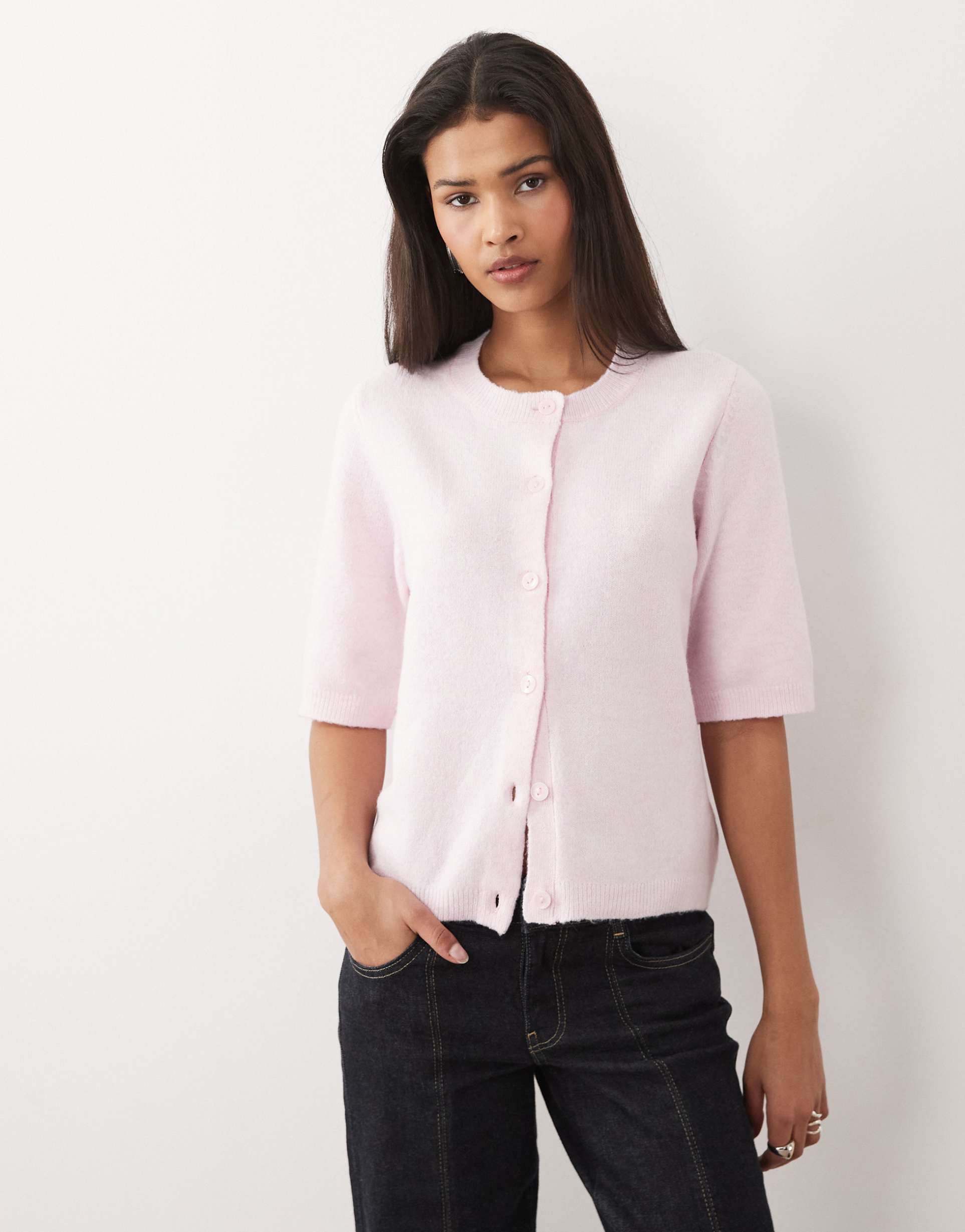 vila short sleeve soft knit cardigan in heathered cherry blossom