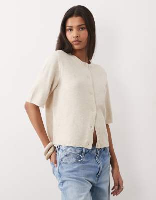 Vila Short Sleeve Soft Knit Cardigan In Neutral