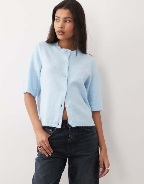 VILA short sleeve soft knit cardigan in light blue melange - view 1
