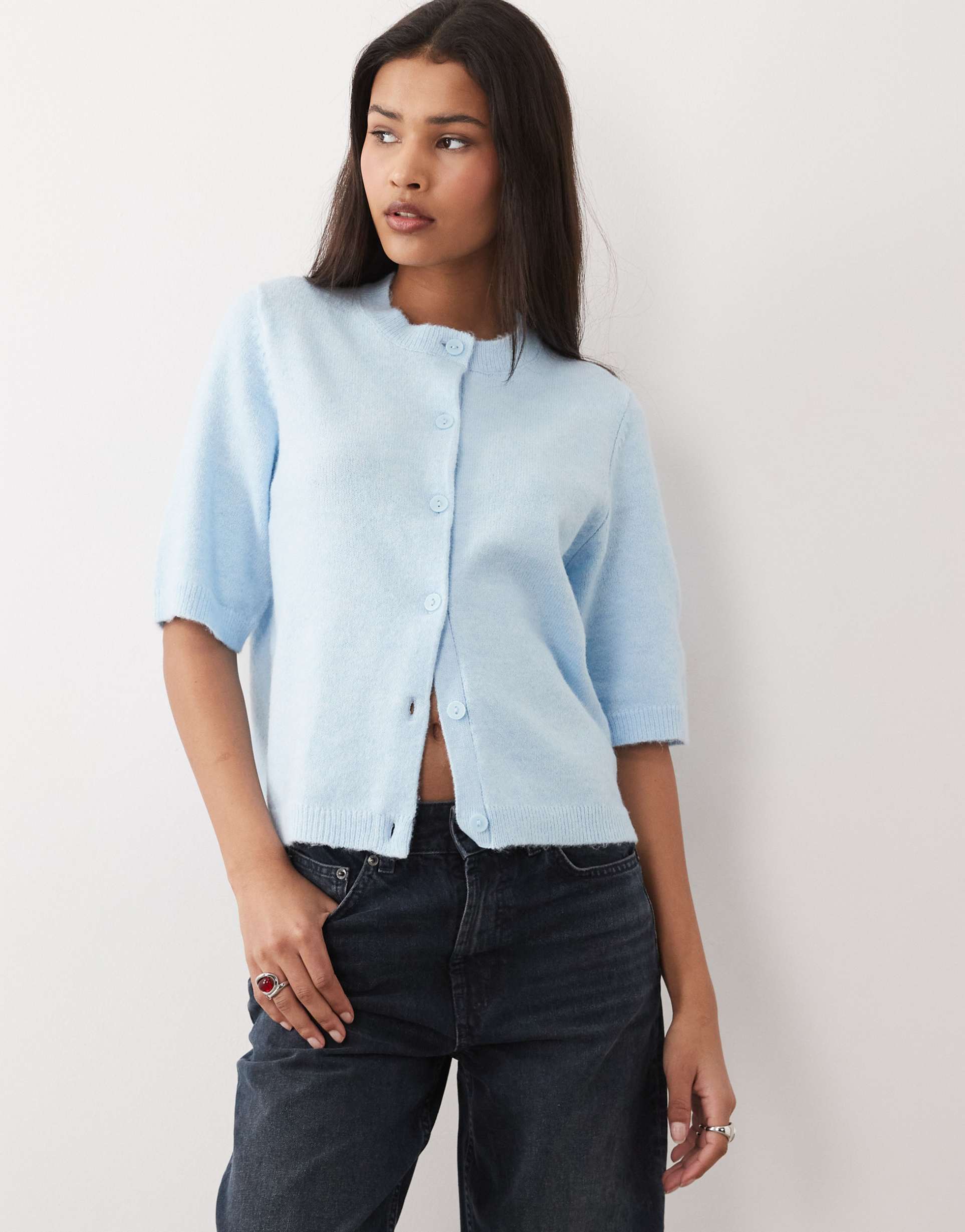 vila short sleeve soft knit cardigan in light blue melange