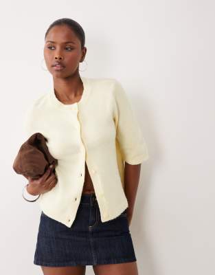 Vila Short Sleeve Soft Knit Cardigan In Yellow