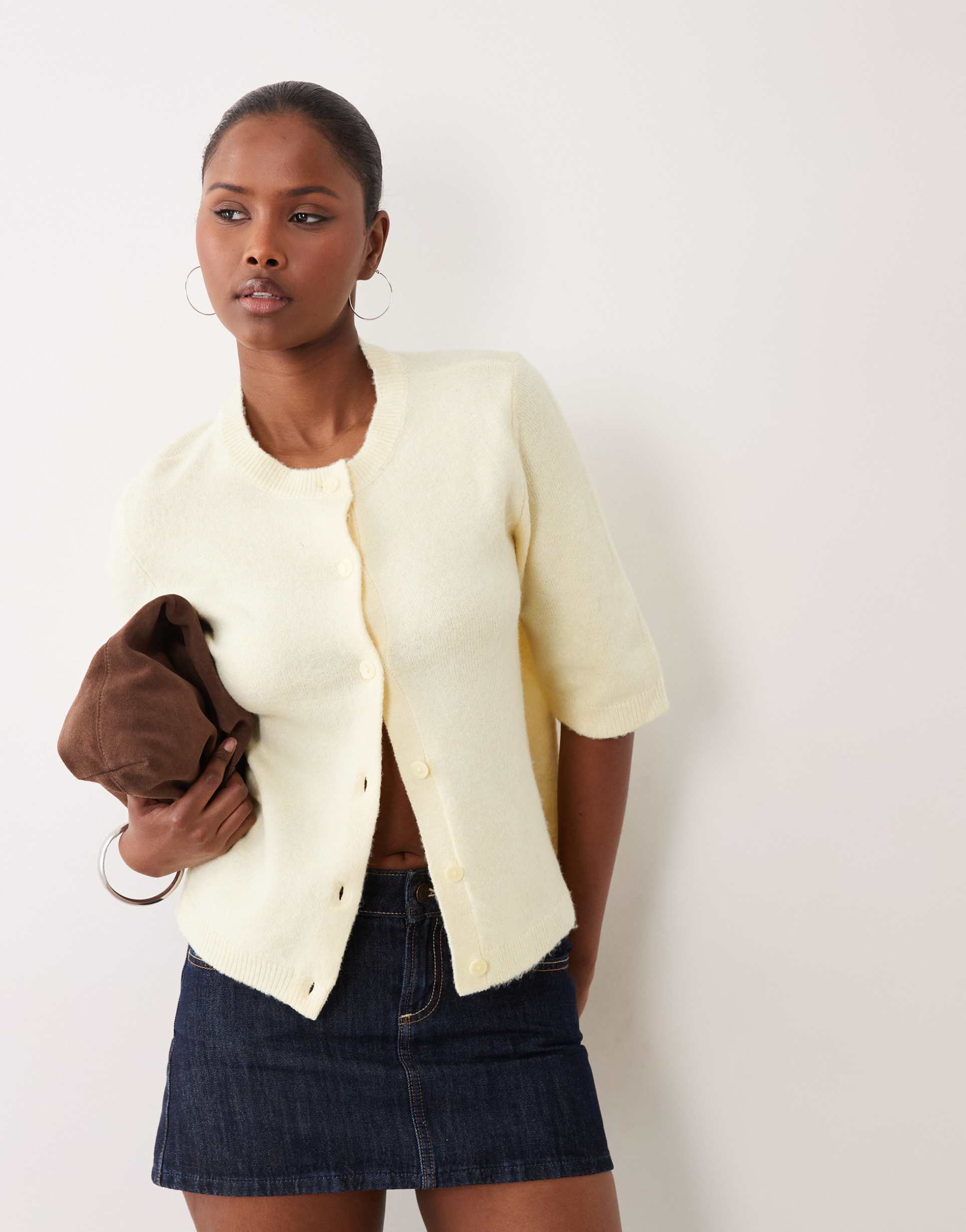 vila short sleeve soft knit cardigan in pastel yellow melange