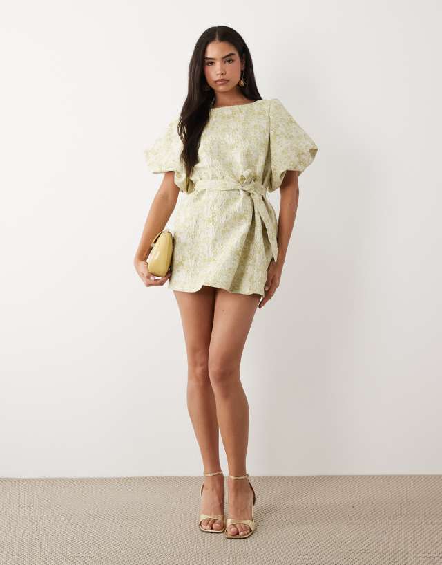 green and gold dress short VILA sleeve tapestry floral jacquard mini in smoke short green cocktail dress