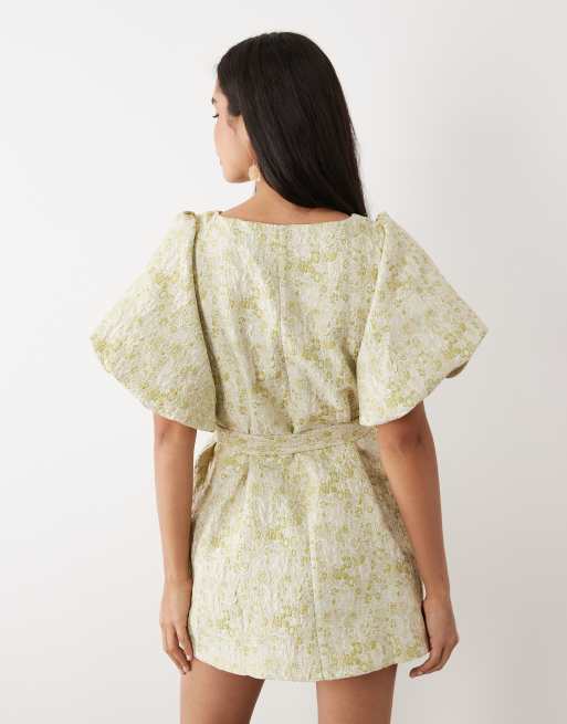 Vila short sleeve tapestry floral jacquard mini dress in smoke green, 4 of 4