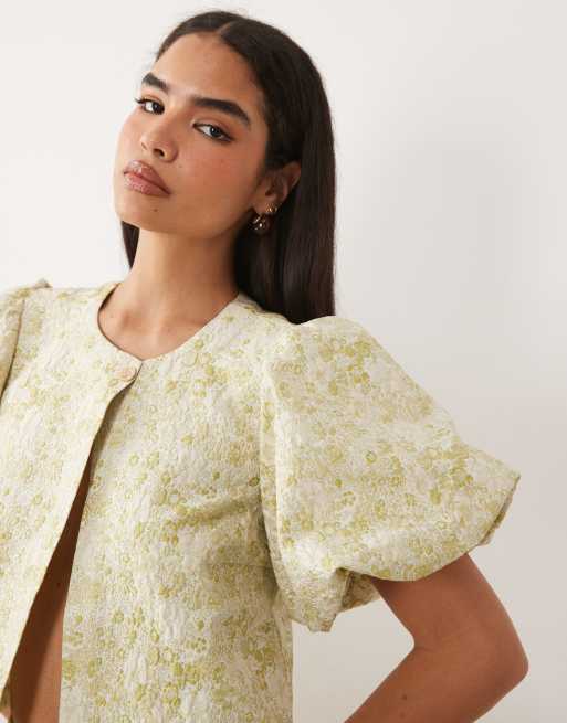 Vila short sleeve tapestry floral jacquard top co-ord in smoke