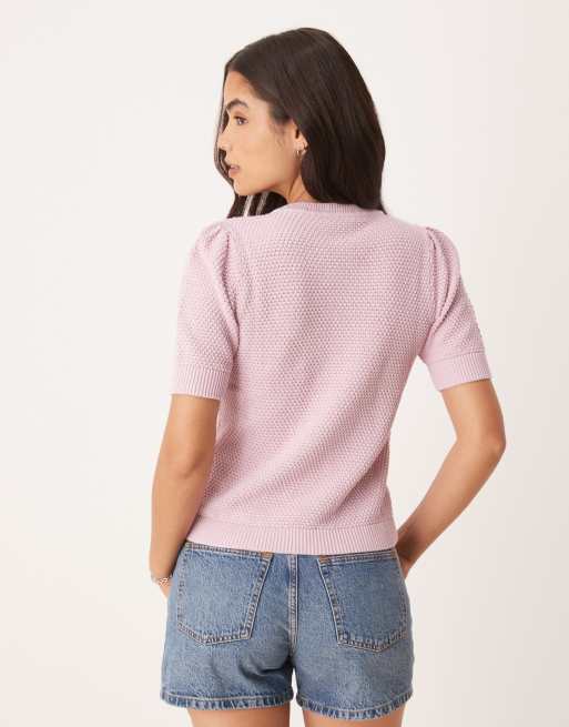 VILA short sleeve textured knitted t-shirt in orchid pink, 4 of 4
