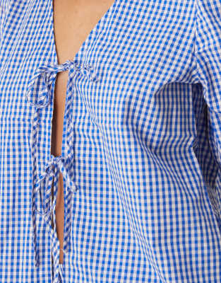 Vila Short Sleeve Tie Front Gingham Check Poplin Top