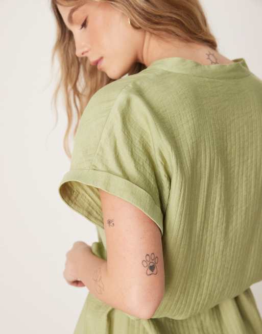 VILA short sleeve tie waist notch neck mini dress in pistachio, 2 of 4