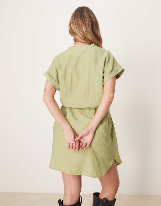 VILA short sleeve tie waist notch neck mini dress in pistachio, 3 of 4