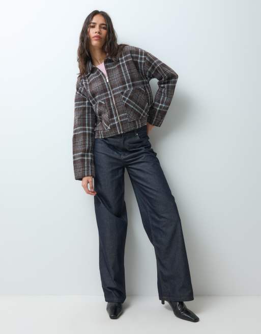 Vila short textured harrington jacket in brown and blue check, 3 of 4