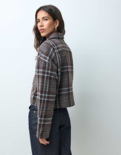 Vila short textured harrington jacket in brown and blue check, 4 of 4