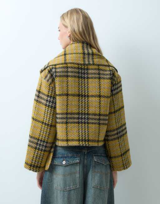 Vila short textured tweed jacket with detachable scarf in yellow check, 4 of 4