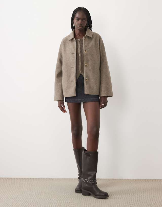 VILA short wool-look button front jacket in falcon melange | ASOS