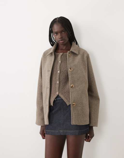 VILA short wool-look button front jacket in falcon melange, 3 of 4