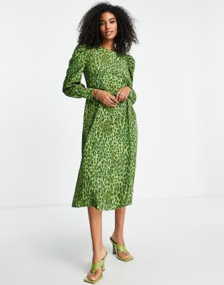 Vila shoulder detail midi dress in green leopard print-Multi