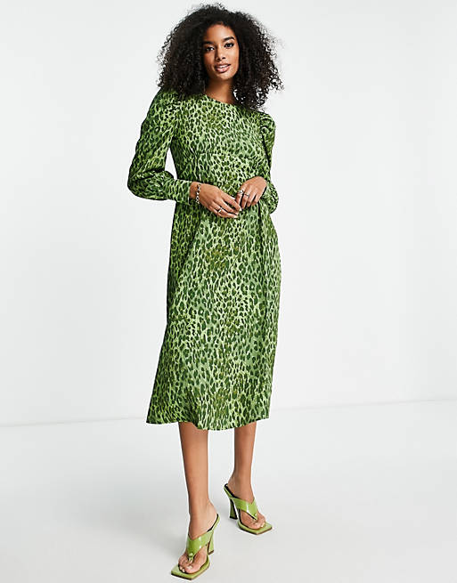 Vila shoulder detail midi dress in green leopard print