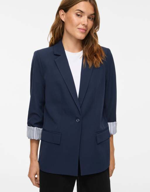 Vila SINGLE-BREASTED VIBONNIE loose fit spread collar padded blazer in navy blazer, 4 of 7
