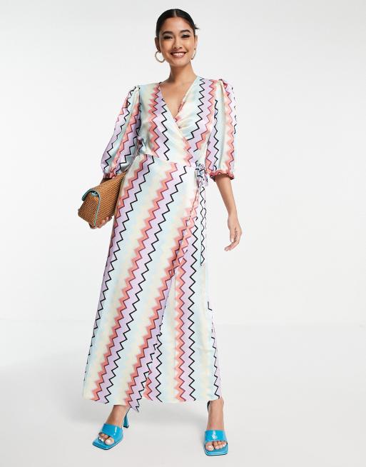 Vila - Slå-om-maxikjole med multifarvet zig zag-print i satin-blanding - MULTI, 3 af 4