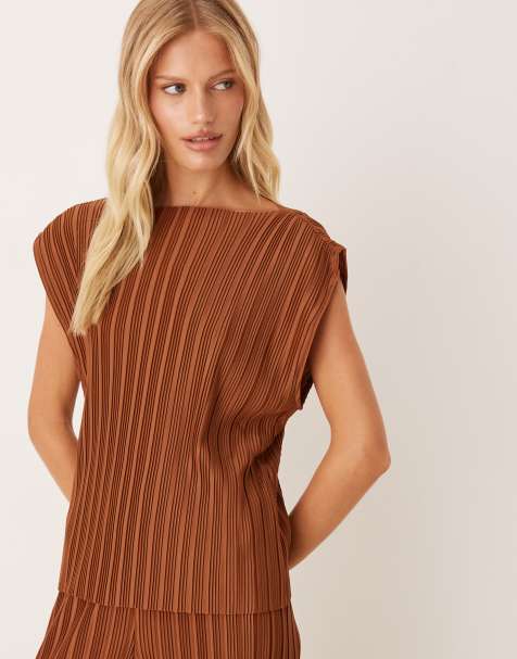 Vila slash neck plisse top co-ord in bronze - view 1